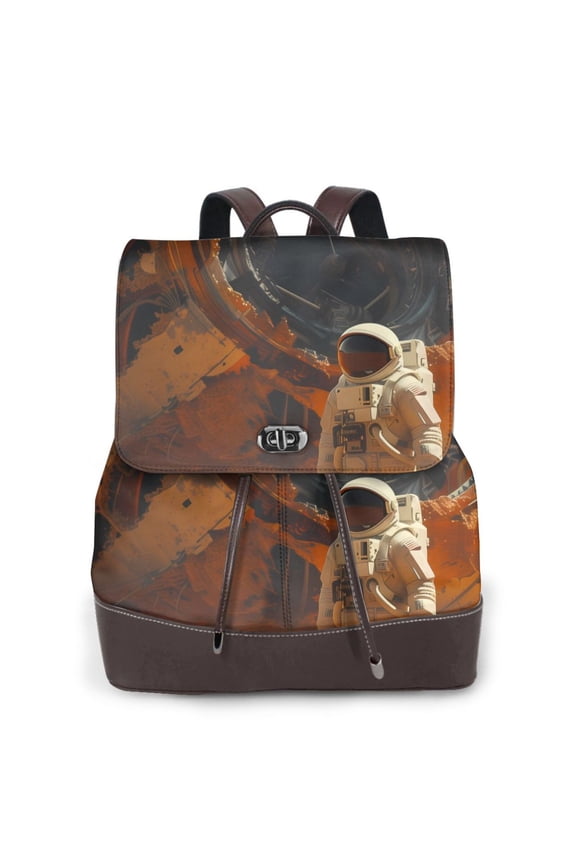 Astronaut Exploring Mars Print Large Backpack Soft Leather for Women Travel with Compartment, Adjustable Convertible Strap