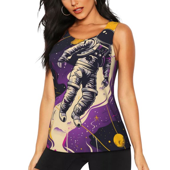 Xecao Astronaut Floating purple Space Print Women's Scoop Neck, Loose-Fit Workout Tank Tops for The Gym,Sleeveless T-shirt-Small