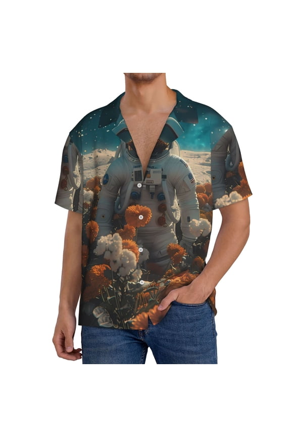 Astronaut Flower Field Men's Casual Short-sleeved Shirt, a button-up collared shirt with a pocket-Medium