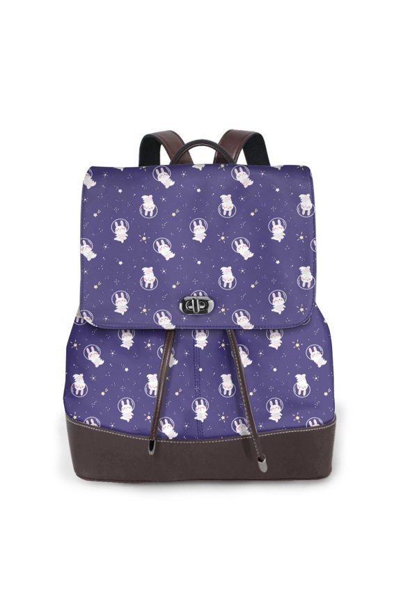 Astronaut Rabbit Print Large Backpack Soft Leather for Women Travel with Compartment, Adjustable Convertible Strap