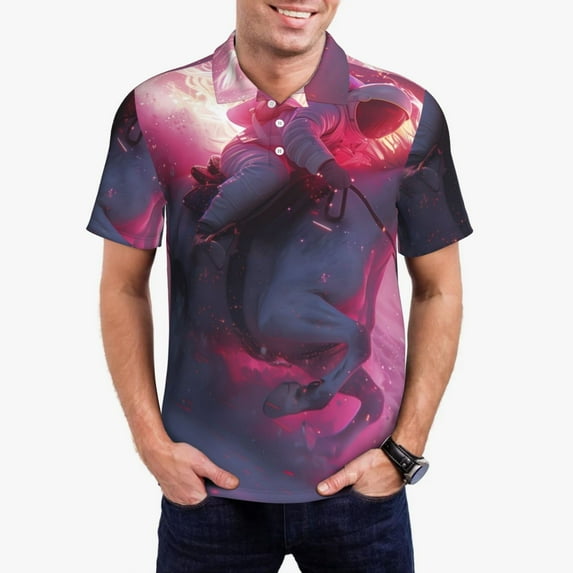 Xecao Astronaut Riding Fiery Horse Mens' Casual Short Sleeve Button-Down Polo Shirts for a Classic Golf Shirts-X-Large