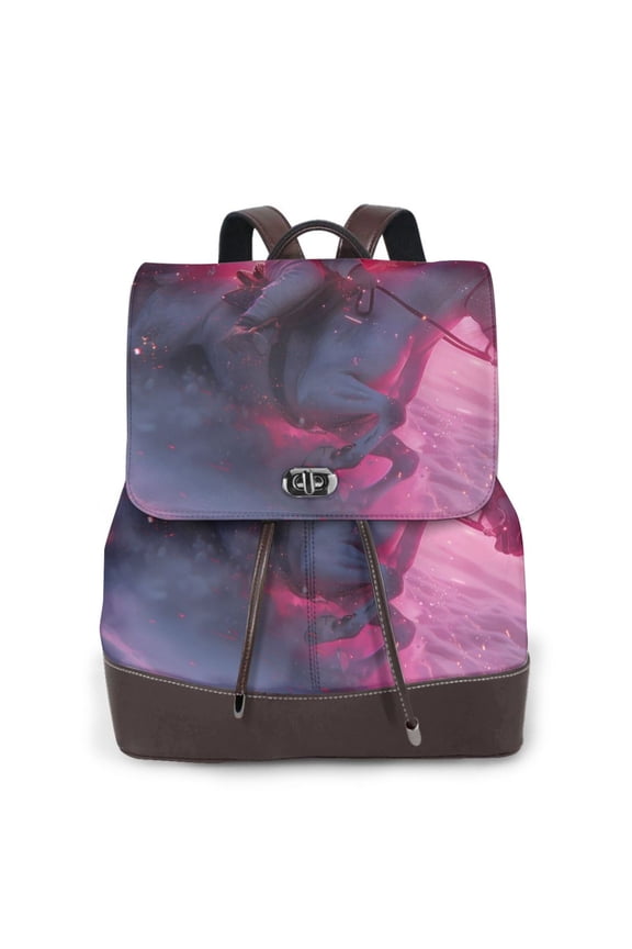 Astronaut Riding Fiery Horse Print Large Backpack Soft Leather for Women Travel with Compartment, Adjustable Convertible Strap