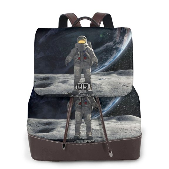Xecao Astronaut Standing In The Moon Print Large Backpack Soft Leather for Women Travel with Compartment, Adjustable Convertible Strap