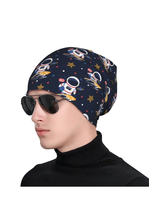 Astronaut Surfing Print Beanie Knitted Hat for Men Women, Winter Fashion Knit Cuffed Caps Unisex