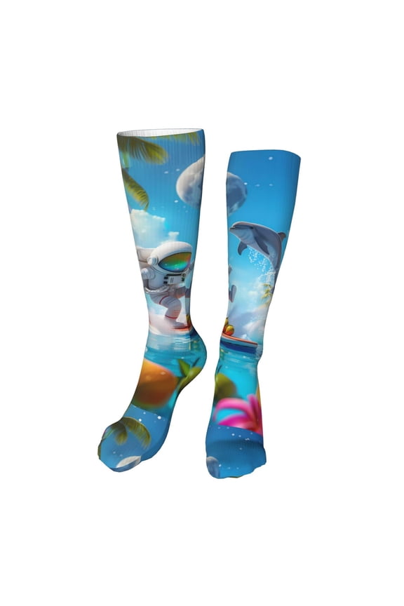 Astronaut Tropical Dolphin Print Calf Socks Seamless Toe, Knee High Long Socks, Sports Socks Trouser Socks for Women and Men-One Size