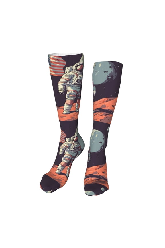 Astronaut With American Flag Print Calf Socks Seamless Toe, Knee High Long Socks, Sports Socks Trouser Socks for Women and Men-One Size