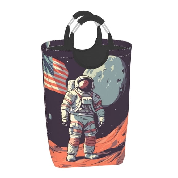 Xecao Astronaut With American Flag for Laundry Basket,Collapsible Large Laundry Hamper,Wash Bag for Laundry Room, Rolling Laundry Basket with Handles
