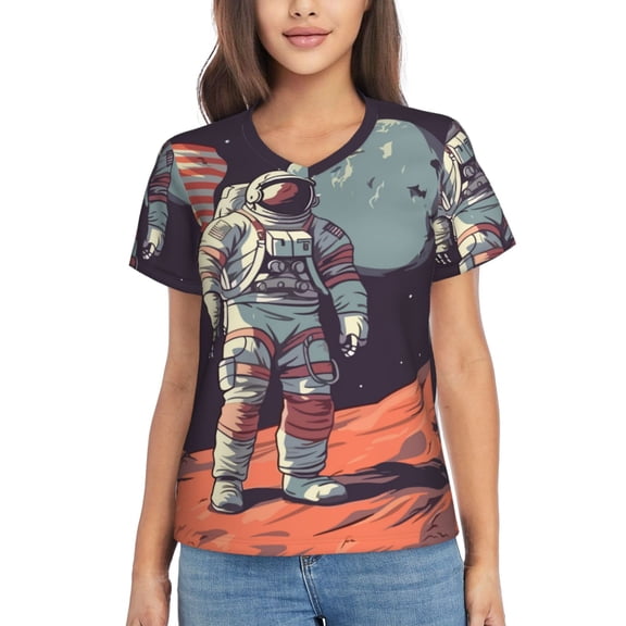 Xecao Astronaut With American Flag for Women's V-Neck T-Shirts-Elegant Half-Sleeve Tops Perfect for Summer-Large
