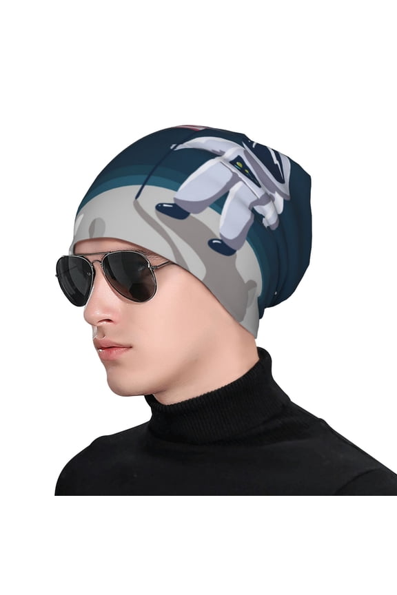 Astronaut With USA Flag Print Beanie Knitted Hat for Men Women, Winter Fashion Knit Cuffed Caps Unisex