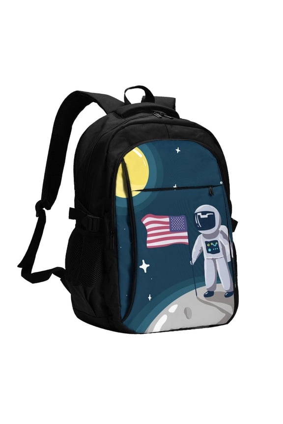 Astronaut With USA Flag for Travel Laptop Backpack, USB-Charging-Enabled, Spacious Business Backpack for Men and Women,College School Computer Bag