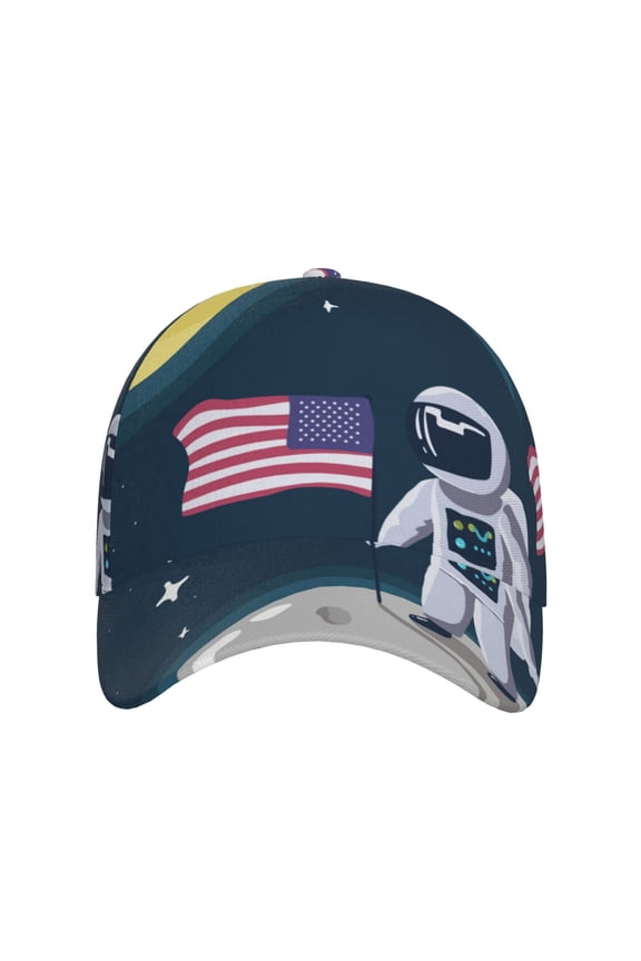 Astronaut With USA Flag for Baseball Cap: Unisex, crafted from classic polyester twill fabric, featuring a soft unconstructed design