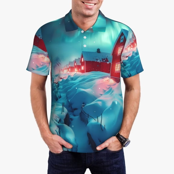 Xecao Aurora Borealis Village Mens' Casual Short Sleeve Button-Down Polo Shirts for a Classic Golf Shirts-4X-Large