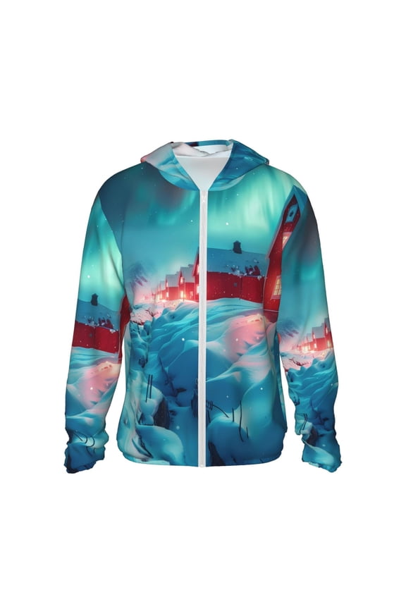 Aurora Borealis Village for Sun Shirt-A lightweight, Hoodie-Style Long-Sleeve UV Protection Garment Designed for Other Outdoor Activities. -Large