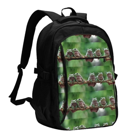 Xecao Australian White Tree Frog Sitting on Branch for Travel Laptop Backpack, USB-Charging-Enabled, Spacious Business Backpack for Men and Women,College School Computer Bag