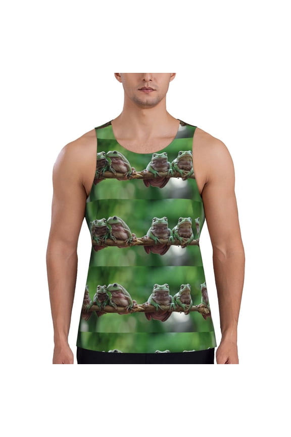 Australian White Tree Frog Sitting on Branch Men's Tank Top Workout Quick Dry Sleeveless Gym Jogging Muscle Shirts Summer Swim Beach Tops