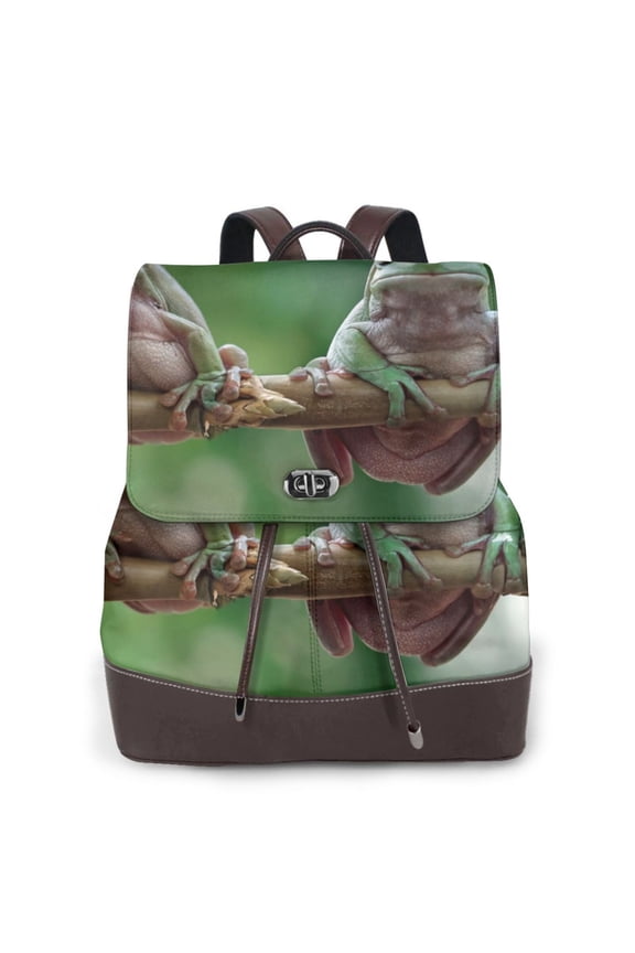 Australian White Tree Frog Sitting on Branch Print Large Backpack Soft Leather for Women Travel with Compartment, Adjustable Convertible Strap