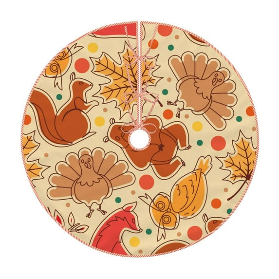 Xecao Autumn Animal Maple Leaves Pattern Christmas Tree Skirt Round Xmas Tree Mat Base Cover for Holiday Home Decorations-36"