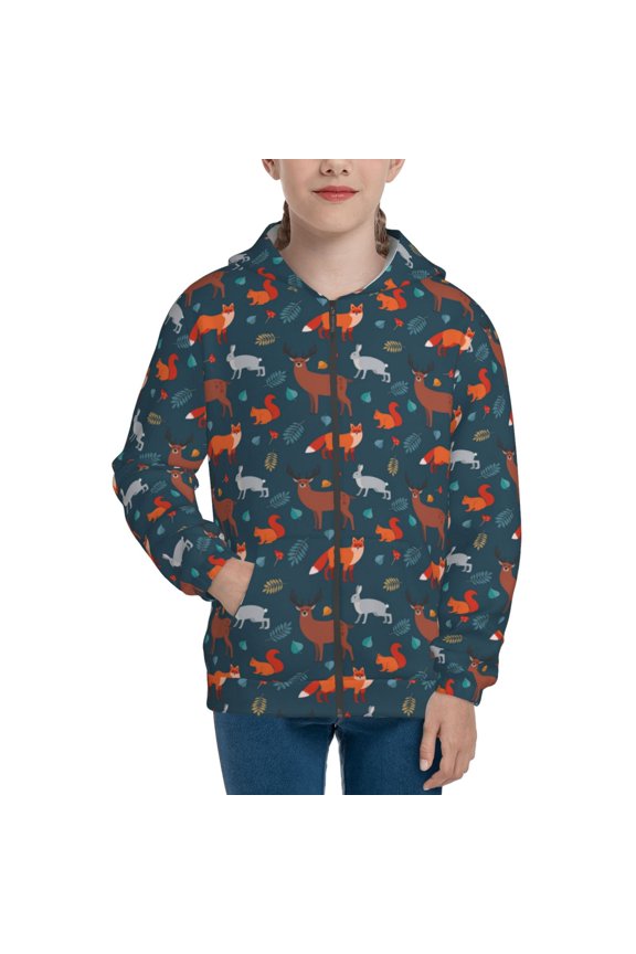 Autumn Forest Animals Cute Pattern Zip Up Hoodies for Boys Girls, Sweatshirt with Pockets-Medium