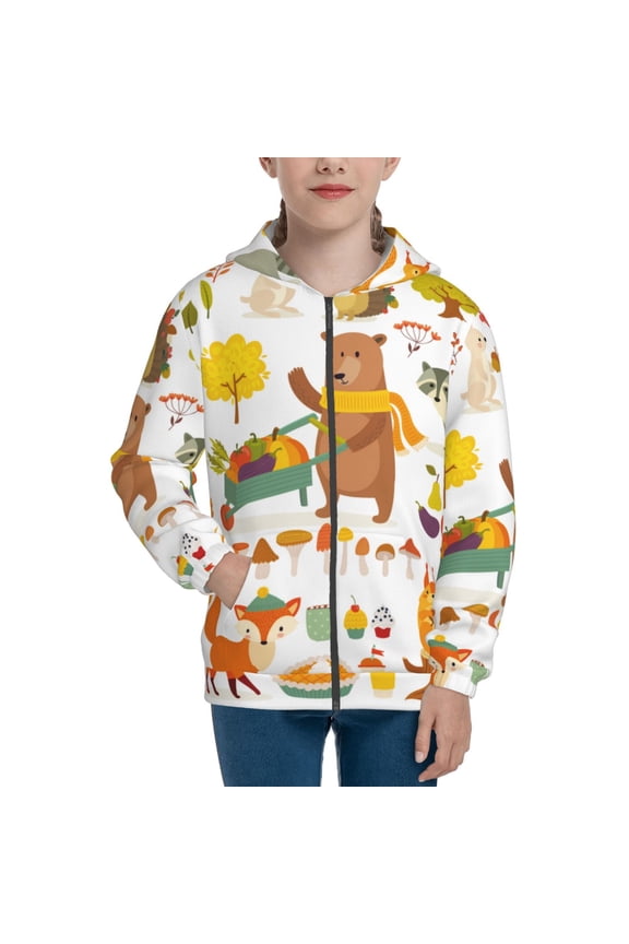 Autumn Forest Animals Pattern Zip Up Hoodies for Boys Girls, Sweatshirt with Pockets-Small