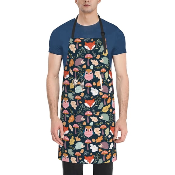 Xecao Autumn Fox Owl Print Kitchen Cooking Aprons, Waterproof Adjustable Bib Aprons with 2 Pockets for Women Men Chef