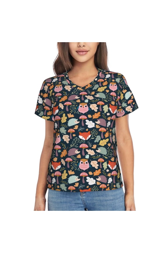 Autumn Fox Owl for Women's V-Neck T-Shirts-Elegant Half-Sleeve Tops Perfect for Summer-3X-Large