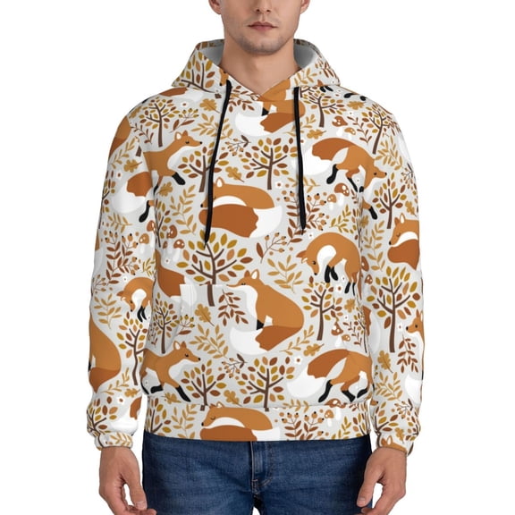 Xecao Autumn Fox with Brown Plants Pattern Men's Adult Pullover Hoodie,Hooded Sweatshirt-Medium