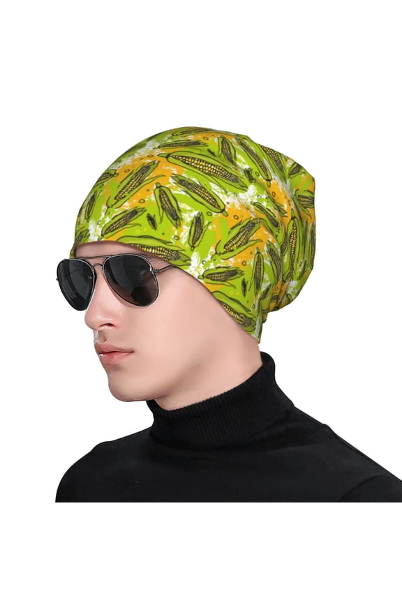 Autumn Harvest Cartoon Corn Print Beanie Knitted Hat for Men Women, Winter Fashion Knit Cuffed Caps Unisex