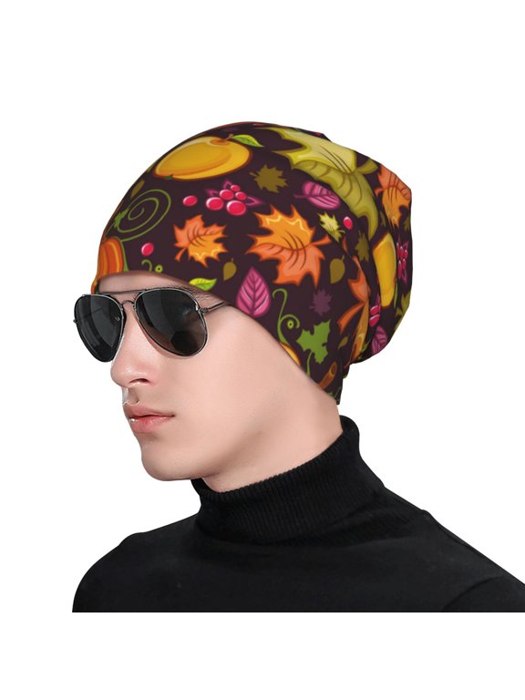 Autumn Harvest Pumpkin Joy Print Beanie Knitted Hat for Men Women, Winter Fashion Knit Cuffed Caps Unisex