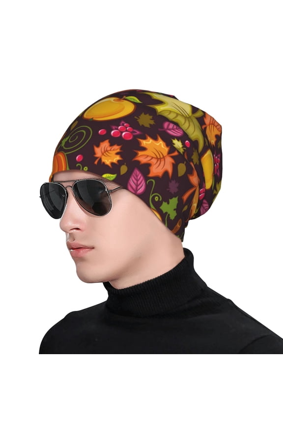 Autumn Harvest Pumpkin Joy Print Beanie Knitted Hat for Men Women, Winter Fashion Knit Cuffed Caps Unisex