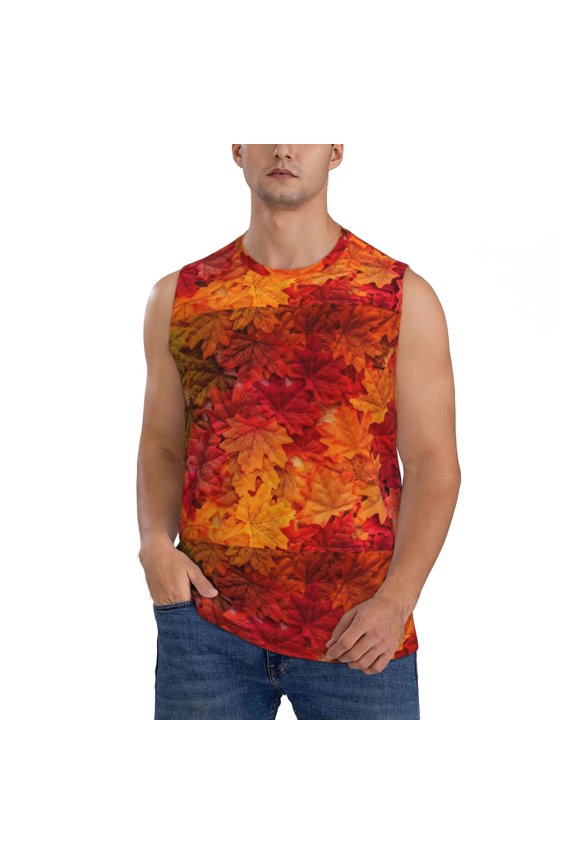 Autumn Leaf Print Men's Tank Top: Sleek Sleeveless Tee for Casual Sports and Beach Occasions-Small