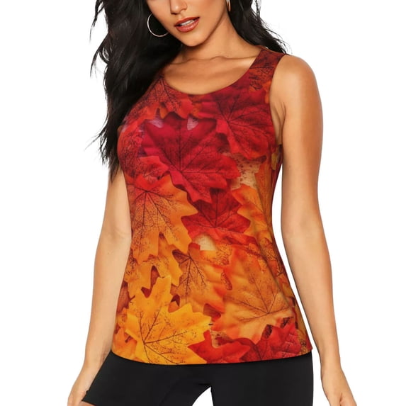 Xecao Autumn Leaf print women's scoop neck, loose-fit workout tank tops for the gym.