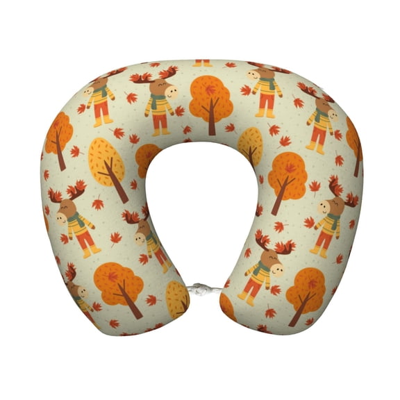 Xecao Autumn Maple Leaf and Deer Print Memory Foam Cervical Neck Pillow Versatile U-Shaped Pillows for Home,Office,Camping,Travelling,Soft Washable Cover