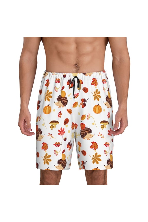 Autumn Maple Leaf with Hedgehog Print Men's Sleepwear Shorts Pajama Bottom Lounge Short ,Nightwear with Convenient Pockets for Relaxed Home Wear-Small