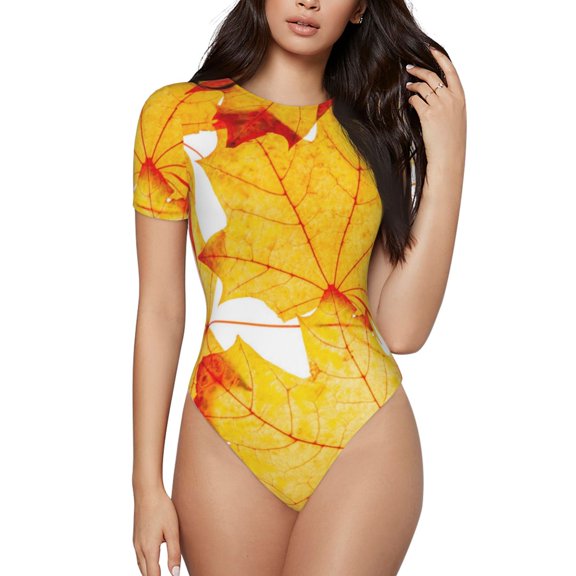 Xecao Autumn Maple Leaves Pattern Women's Crew Neck Body Suit, Short-Sleeved Bodysuit and Basic Swimsuit,Both Comfort and Style for Dating and Daily life -Medium