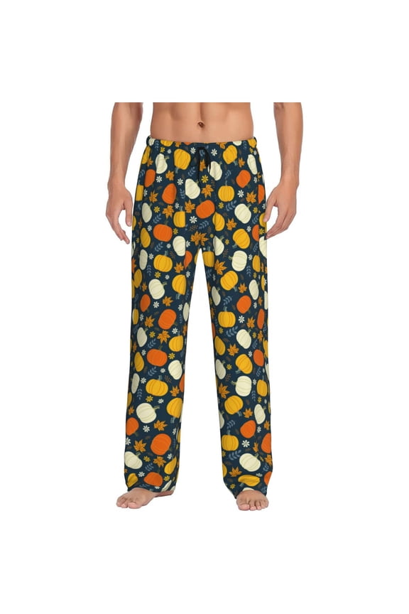Autumn Pumpkin Maple Leaf Plants Print Men's Straight Lounge Pajama Pants - The Ultimate in Comfortable Sleepwear-Large