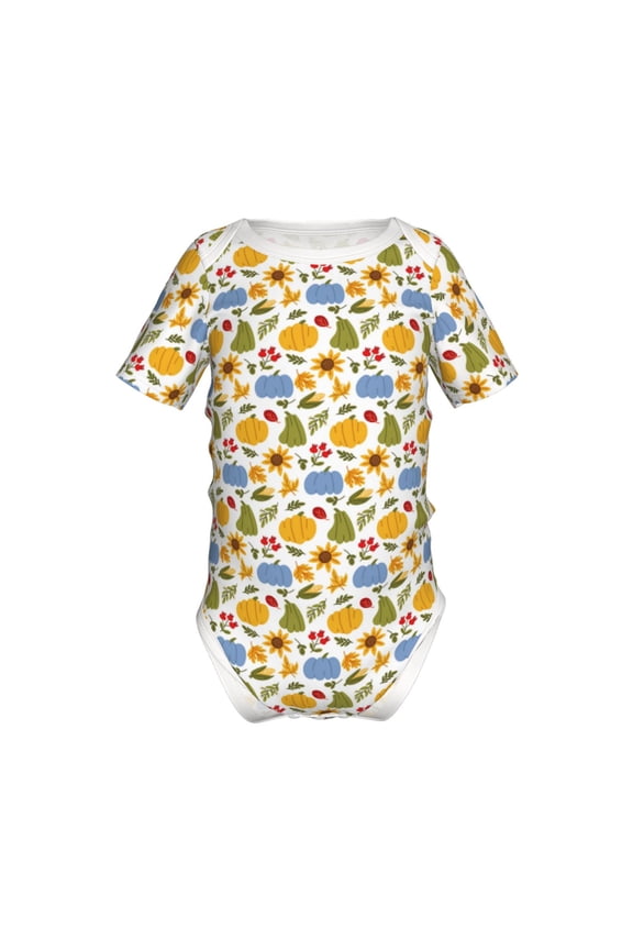 Autumn Pumpkins Blooms Pattern Baby Climbing Bodysuit Short Sleeve Onesie Unisex 0-12 Months Baby Shirt Newborn Outfits Crotch snap design-9M