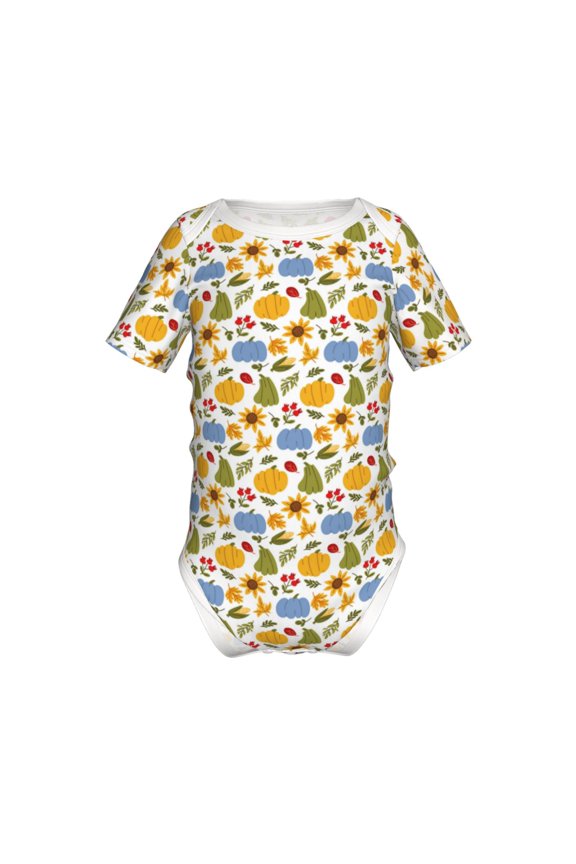 Autumn Pumpkins Blooms Pattern Baby Climbing Bodysuit Short Sleeve Onesie Unisex 0-12 Months Baby Shirt Newborn Outfits Crotch snap design-2 Years