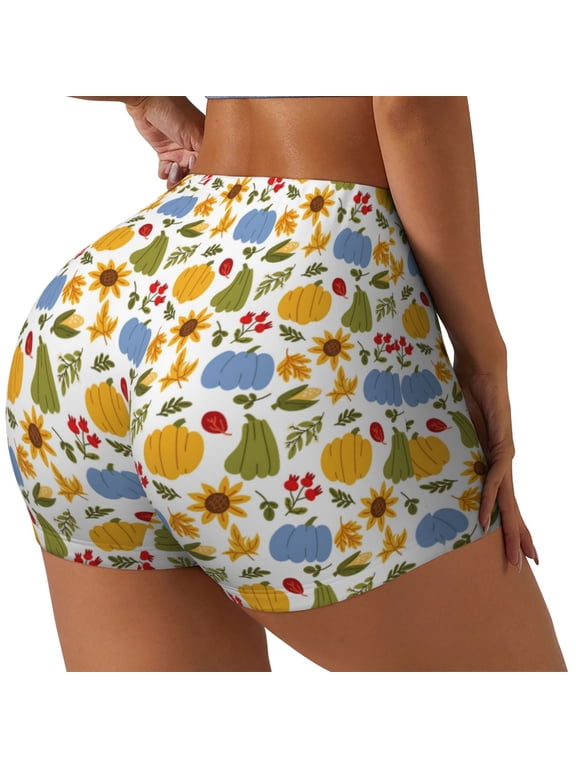 Autumn Pumpkins Blooms Print Workout Shorts for Women Soft Smooth Gym Yoga Scrunch Active Tennis Workout Running Shorts-X-Large