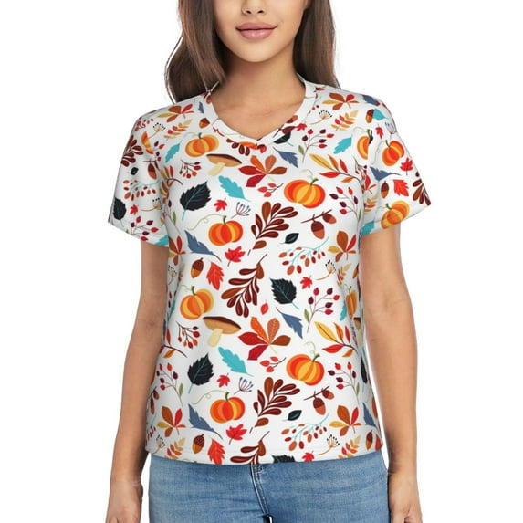Xecao Autumn Pumpkins Fall Leaves for Women's V-Neck T-Shirts-Elegant Half-Sleeve Tops Perfect for Summer-Small