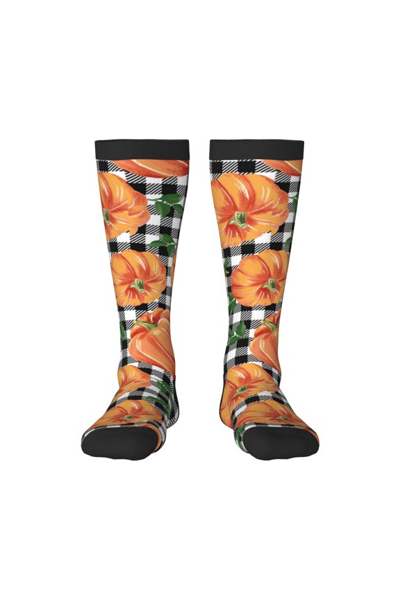 Autumn Pumpkins Gingham print thigh-high socks, crafted for both men and women with a stretchy, high-opaque design perfect for daily wear