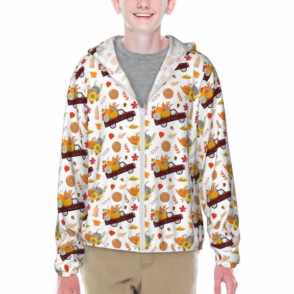 Xecao Autumn Red Truck Print Fishing Shirts for teenager Long Sleeve UV Sun Protection Hoodie with Zipper Outdoor Hiking Shirts-Medium