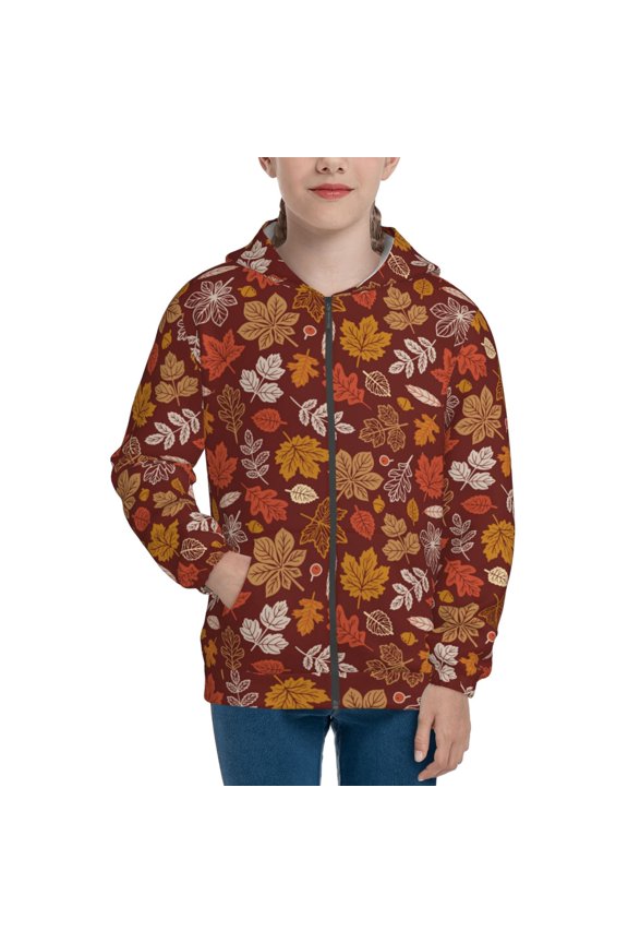 Autumn Warm Tone Maple Leaf Pattern Zip Up Hoodies for Boys Girls, Sweatshirt with Pockets-