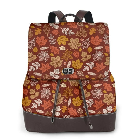 Xecao Autumn Warm Tone Maple Leaf Print Large Backpack Soft Leather for Women Travel with Compartment, Adjustable Convertible Strap