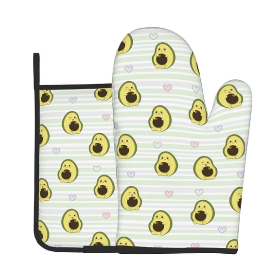 Xecao Avocado of a Hear Pattern Oven Mitts and Pot Holders Sets Heat Resistant Silicone Oven Mittens Extra Thicken Long Kitchen Cotton Oven Glove for Cooking