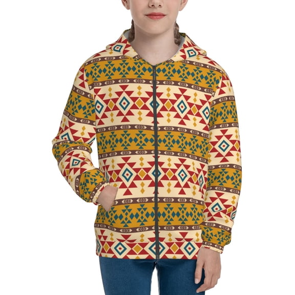 Xecao Aztec Pattern Zip Up Hoodies for Boys Girls, Sweatshirt with Pockets-Small