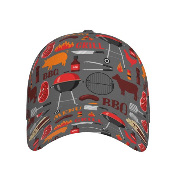 Xecao BBQ Icons for Baseball Cap: Unisex, crafted from classic polyester twill fabric, featuring a soft unconstructed design