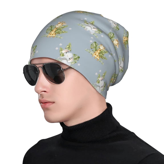 Xecao Baby Elephant Giraffe Print Beanie Knitted Hat for Men Women, Winter Fashion Knit Cuffed Caps Unisex