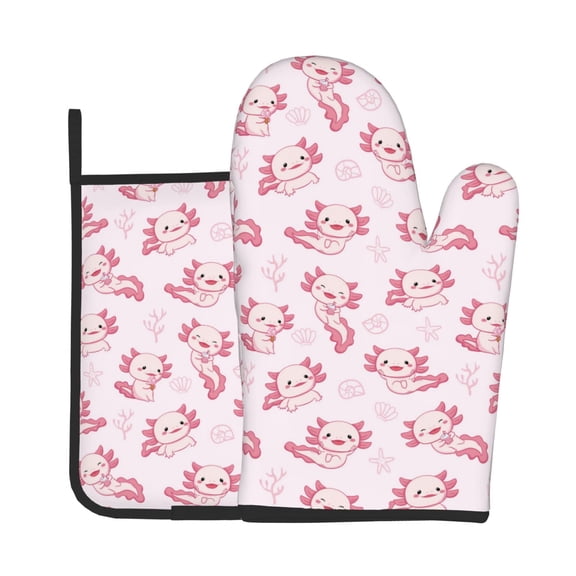 Xecao Baby Salamander Pattern Oven Mitts and Pot Holders Sets Heat Resistant Silicone Oven Mittens Extra Thicken Long Kitchen Cotton Oven Glove for Cooking