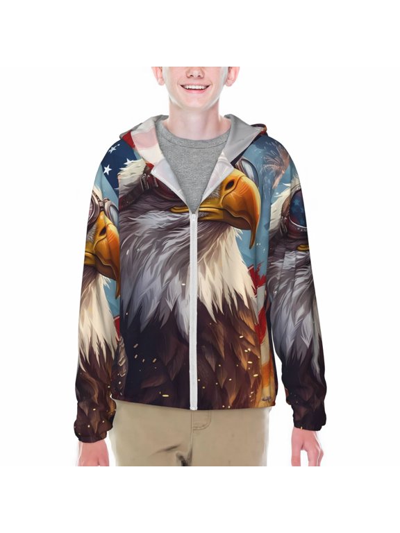 Bald Eagle Pilot Print Fishing Shirts for teenager Long Sleeve UV Sun Protection Hoodie with Zipper Outdoor Hiking Shirts-Small