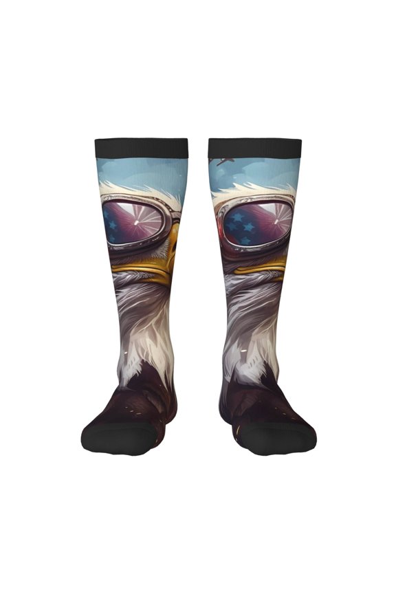 Bald Eagle Pilot print thigh-high socks, crafted for both men and women with a stretchy, high-opaque design perfect for daily wear